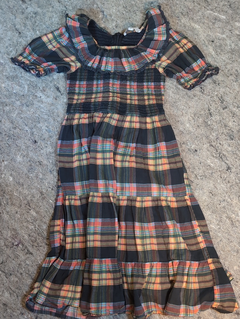 Girls' Black Multi Plaid Smocked Tiered Dress Size 8